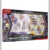 Caja de la Colección Premium Garchomp ex de Cintia en español, mostrando su contenido: cartas holográficas, figuras acrílicas, sobres de mejora y accesorios coleccionables del JCC Pokémon.