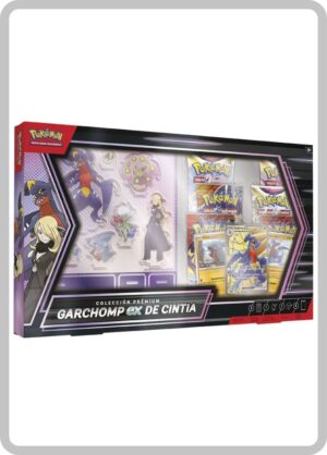 Caja de la Colección Premium Garchomp ex de Cintia en español, mostrando su contenido: cartas holográficas, figuras acrílicas, sobres de mejora y accesorios coleccionables del JCC Pokémon.