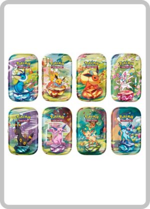 Minilata de la expansión Pokémon TCG: Escarlata y Púrpura – Prismatic Evolutions, con diseño de una de las evoluciones de Eevee. Incluye 2 sobres de mejora, una moneda de Eevee y una carta con arte coleccionable.
