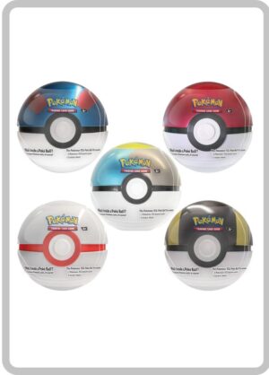 Latas coleccionables Poké Ball Tin 2024 en inglés, con diseños variados como Poké Ball estándar, Premier Ball, Great Ball, Ultra Ball y Moon Ball del JCC Pokémon.