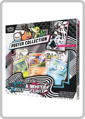 Caja del producto Pokémon TCG Poster Collection Black Bolt & White Flare, con cartas promocionales de Snivy, Tepig y Oshawott, sobres de expansión y un póster coleccionable de gran tamaño.