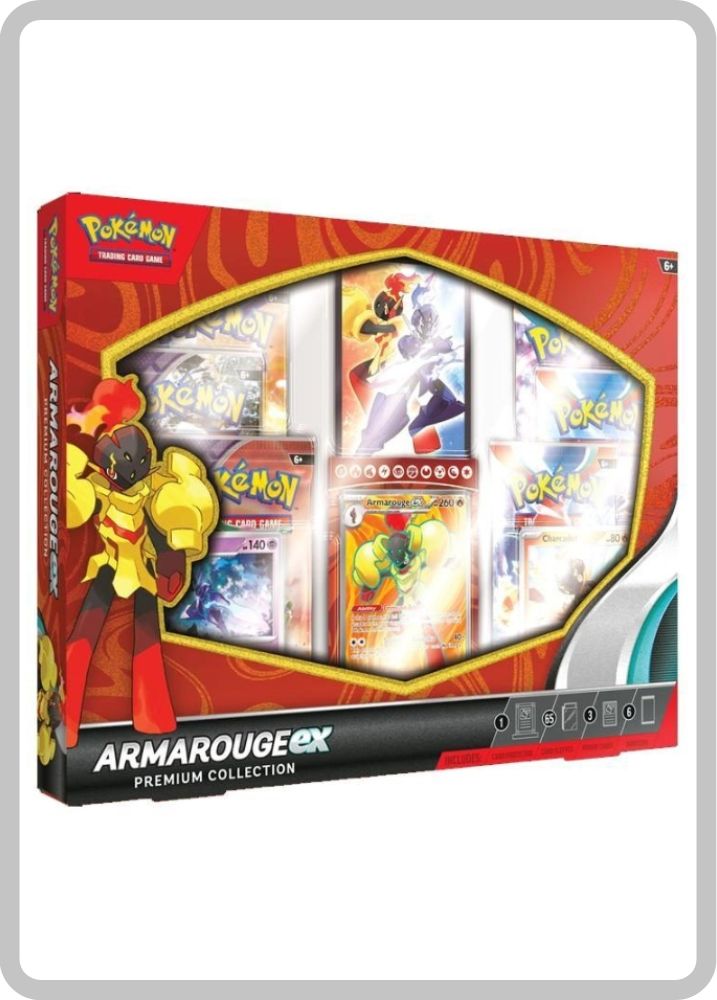 Imagen de la Colección Premium Armarouge ex de Pokémon TCG en inglés, con cartas promocionales, sobres de refuerzo y accesorios incluidos.