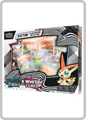 Caja de la Unova Victini Illustration Collection del JCC Pokémon en inglés, con cartas promocionales, carta jumbo y sobres de las expansiones Black Bolt y White Flare.
