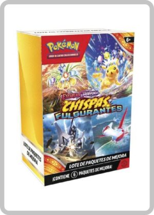 Booster Bundle Surging Sparks en español del JCC Pokémon, incluye 6 sobres de expansión Scarlet & Violet con diseño destacado de Pikachu y Alolan Exeggutor.