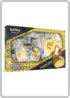 Caja de la colección especial Pokémon TCG Crown Zenith Pikachu VMAX en español, con cartas promocionales de Pikachu V y VMAX, carta jumbo y 5 sobres de refuerzo.