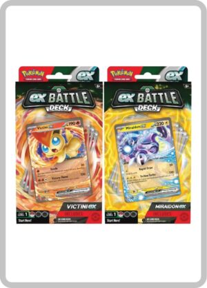 Imagen de los Mazos de Batalla ex del JCC Pokémon en español, con Victini ex y Miraidon ex como cartas principales, listos para jugar.