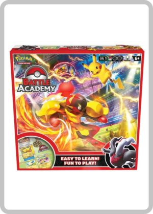 Caja del producto Pokémon TCG Battle Academy 2024, que muestra los mazos de Armarouge, Pikachu y Darkrai listos para jugar, junto con los accesorios incluidos para dos jugadores.