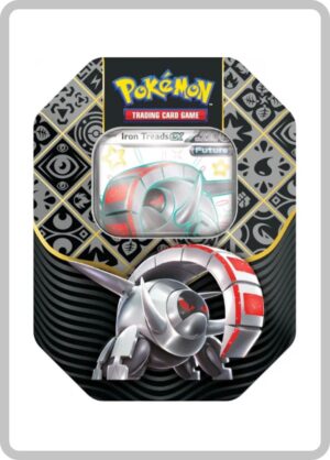 Lata Pokémon TCG Paldean Fates Shiny Iron Treads Ex en español, con carta promocional y sobres de refuerzo de la colección Escarlata y Violeta.