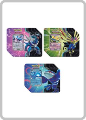 Lata Pokémon TCG Azure Legends en inglés con diseños de Kyogre ex, Xerneas ex y Dialga ex, incluye carta promocional holográfica y sobres de refuerzo.