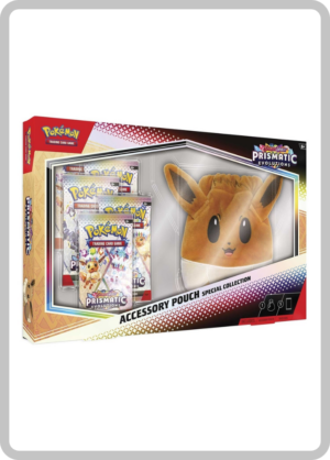 Colección especial Pokémon TCG Prismatic Evolutions con bolsa de accesorios de Eevee, incluye sobres de refuerzo y código para Pokémon TCG Live.